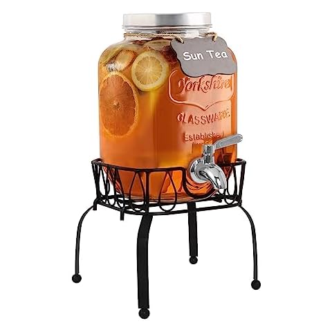 2 Gallon Beverage Serveware with Stainless Steel Spigot + Marker & Chalkboard 100% Leakproof Glass Drink Dispenser for Parties with Spout, Airtight