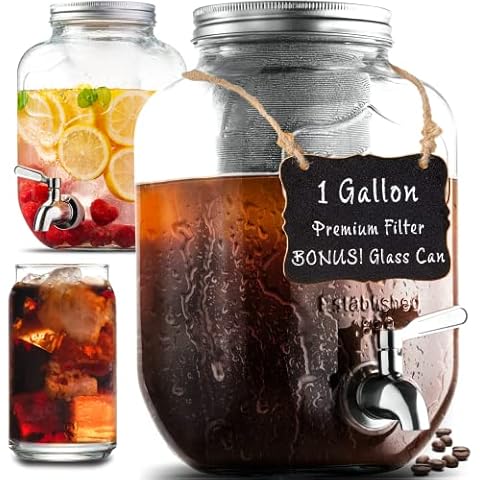 Cold Brew Coffee Maker Pitcher, 32 oz Thick Glass Mason Jar Spout Lid with  Handle & Stainless Steel Filter for Iced Brew Coffee, Ice Lemonade, Sun
