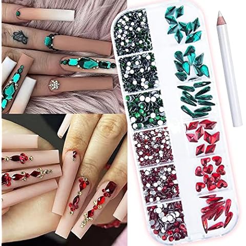 3800Pcs AB Gold Red Green Blue Black Pink Yellow Mix Colored Multi Shaped  Big Nail Rhinestones Crystals Multi Sized Nail Round Beads Glass Gems