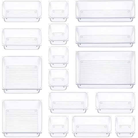 Seseno 16 Pcs Drawer Organizer Set Dresser Desk Drawer Dividers - 5 Size Bathroom Vanity Cosmetic Makeup Trays - Multipurpose Clear Plastic Storage Bins for