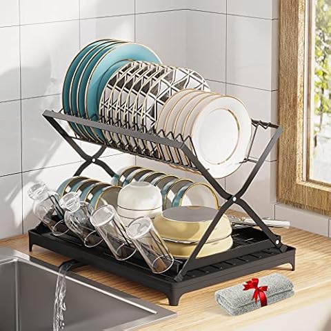 NewFolding stainless steel double deck drain dish rack for kitchen