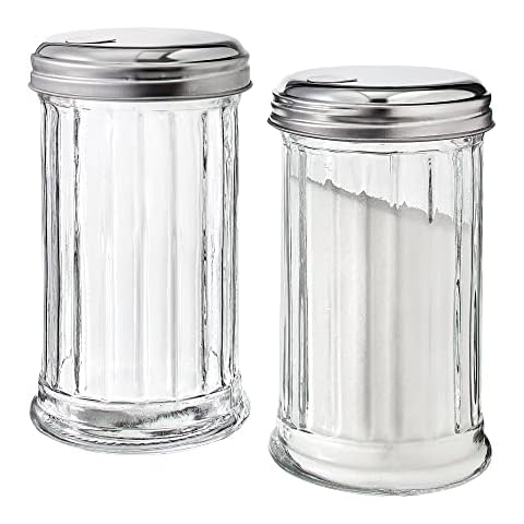 J&M Design Sugar Dispenser & Shaker for Coffee , Cereal , Tea & Baking with Pouring Spout and Lid for Easy Spoon Measuring Pour - 7.5oz Glass Jar