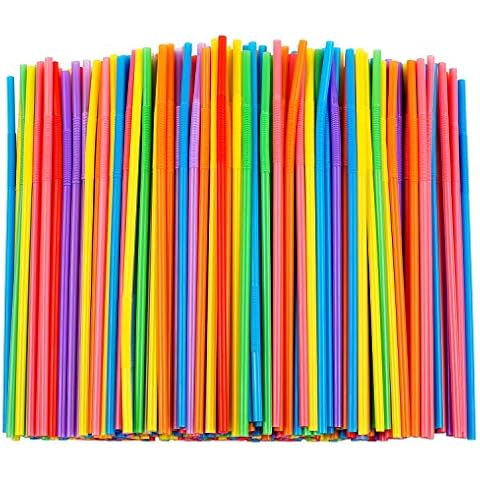 600-Pack Colorful Individually Wrapped Plastic Drinking Straws, Extra Long, Bulk, Disposable Party Supplies, 4 Neon Colors (10.2 in)