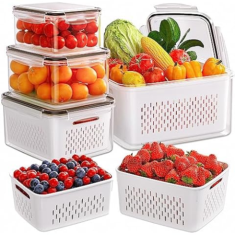  LUXEAR Fruit Vegetable Produce Storage Saver Containers with  Lid & Colander 5 Packs BPA-Free Plastic Fresh Keeper Set, Refrigerator  Fridge Organizer