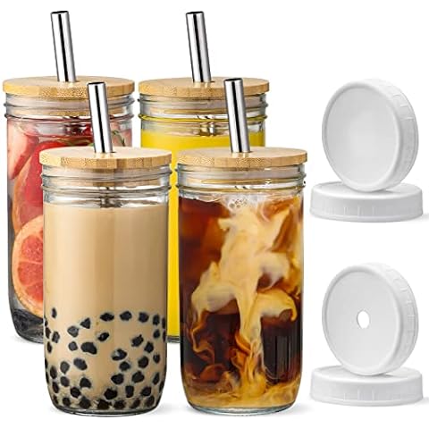 Benestanti 4 pcs 24 oz Glass Cups With Bamboo Lids and Straws,Reusable  Boba Cup Smoothie Cup Iced Coffee Cups with Lids Glass Tumbler with Straw  and Lid,Drinking Jars for Bubble Tea,Juice,Gift 