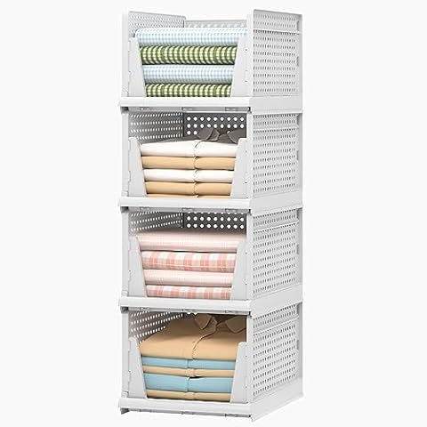 PINKPUM Stackable Plastic Storage Basket-Foldable Closet Organizers and  Storage Bins 4 Pack-Drawer Shelf Storage Container for Wardrobe Cupboard