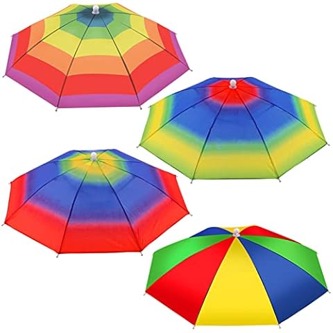Umbrella Hat 4 Pack for Kids Adults Outdoor 20 Multicolor Head Umbrella Cap Rainbow Fishing Hats and Folding Waterproof Hands Free Party Beach