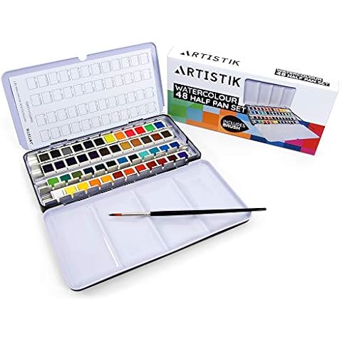  ARTISTIK Watercolor Paint Set - 50 Colors in Half Pan Palette  and Portable Metal Tin - Assorted Vivid Color Paints with Paint Brush for  Kids, Beginners Students & Artists