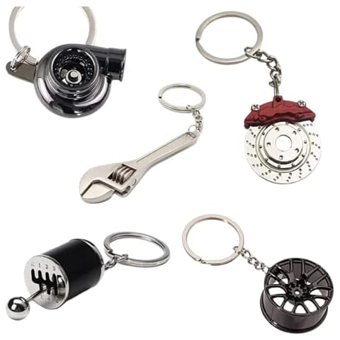 Frienda 11 Pieces Auto Parts Metal Key Chain Set Spinning Turbo Keychain Wrench Keyring Motorcycle Helmet Key Holder Wheel Tire Rim Brake Rotor Keychain for