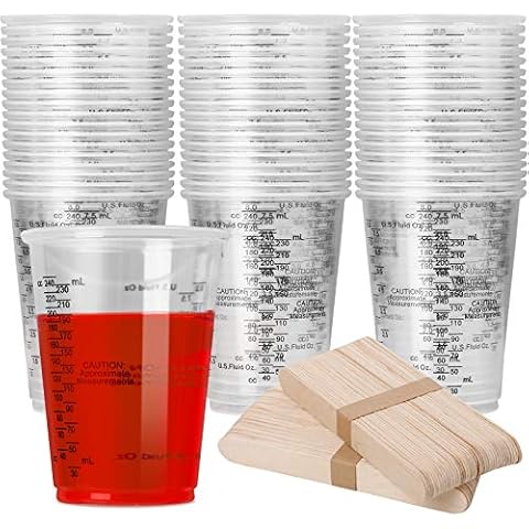 100 Pack 60ml/2oz Plastic Graduated Cups Transparent Scale Cups Plastic  Measuring Cups Clear Epoxy Mixing Cups with 100 Pack Wooden Stirring Sticks