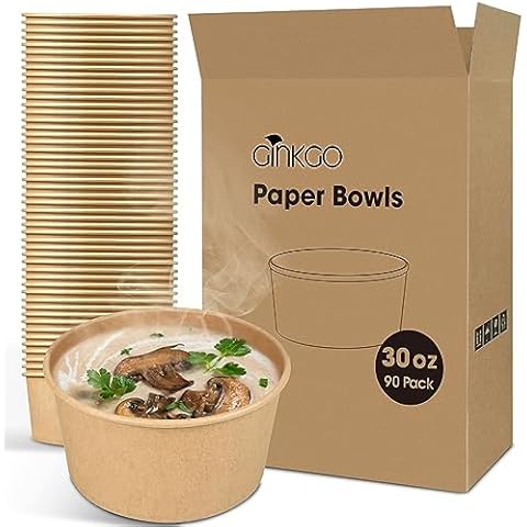 Tessco 70 Pack 35 oz Large Kraft Paper Bowls with Lids Disposable