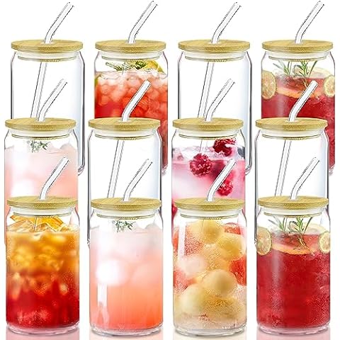  NiHome High Borosilicate Glass Tumbler Cup with Lid and Straw,  22oz Iced Coffee Glass Cups Drinking Glasses Smoothie Tea Cup with Straws,Reusable  Drinking Jars Wide Mouth Water Tumbler (2 Pack Clear) 