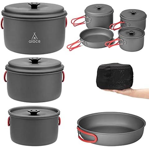 Gutsdoor Camping Cookware Set Camping Cooking Set Non Stick Family Backpacking Cooking Set Lightweight Stackable Pot Pan Kettle Bowls with Storage Bag