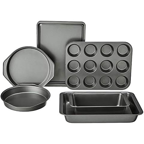 Wokic 5-Piece Nonstick Bakeware Set, Baking Pans Set with Round Cake Pan,  Square Cake Pan, Loaf Pan, Muffin Pan & Roasting Pan, Baking Sheet Set