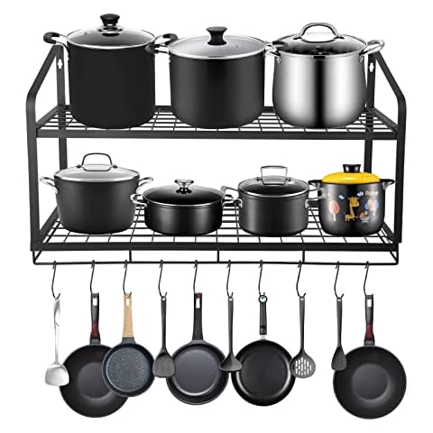 ETECHMART 3 IN 1 Pot Rack Wall Mounted with 2PCS Pan Lid Racks, 30 Inch  Hanging Storage Shelf, Detachable Rail Hanger with 10 Hooks, Heavy Duty