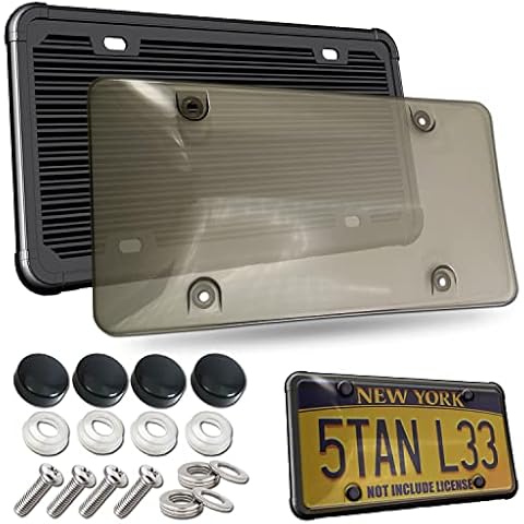 License Plate Frame Cover- Smoked Tinted Flat Plate Cover Shield & Carbon  Fiber Black Aluminum Metal Car Tag Holder, Rustproof Unbreakable Protector  with Mount Screws Caps, 1 Set for Front or Rear