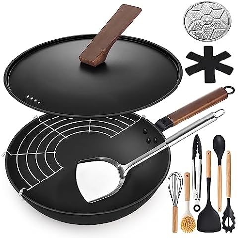 Todlabe Nonstick Wok, 13-Inch Carbon Steel Wok Pan with Lid Woks & Stir-Fry  Pans No Chemical Coated Wok with Spatula Flat Bottom Cookware Chinese Wok  for Induction, Electric, Gas, Halogen, All Stoves 