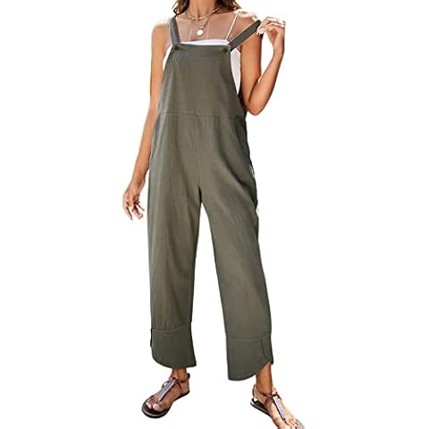 Women's Casual Loose Wide Leg Jumpsuits Flowy Pleated Sleeveless Adjustable  Strap Cotton Linen Overalls with Pockets