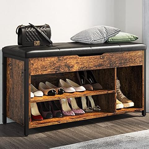 PETKABOO 2 Tier Shoe Bench, Shoe Rack with Hidden Drawer and Side Holder, Shoe Storage Bench Organizer for Entryway Hallway Living Room