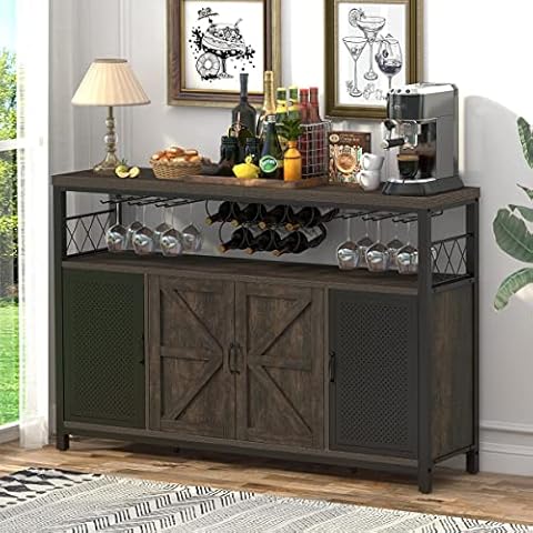 YITAHOME Farmhouse Bar Cabinet for Liquor and Glasses, Dining Room Kitchen  Cabinet with Wine Rack, Upper Glass Cabinet, Open Storage Shelves for  Living Room, Hallway, Charcoal Grey