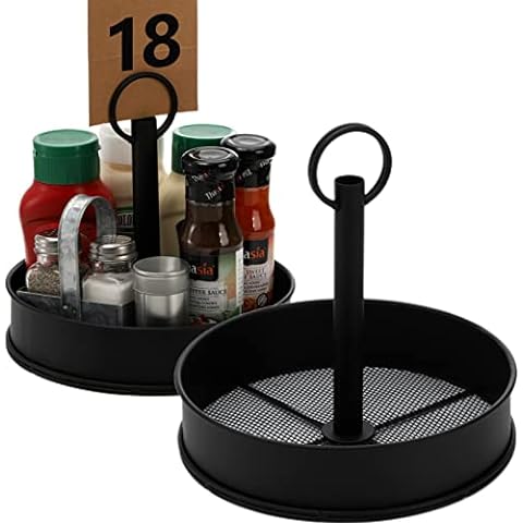 Yesland 2 Pack Metal Rotating Condiment Caddy with Number Card Holder, 7.75  Inch Round Table Caddy with Wooden Base Black Coated Table Caddies
