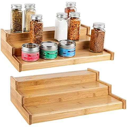 Zri Bamboo Spice Rack Kitchen Cabinet Organizer- 3 Tier Bamboo Expandable Display Shelf, Yellow, 12.70*7.70*4.30