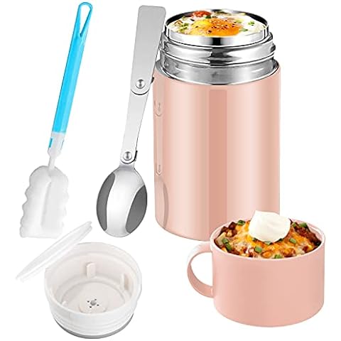Fijoo Best Stainless Steel Soup Thermos Food Jar + Folding Spoon - Triple Wall Vacuum Insulated - Hot Soup & Cold Meals Storage Contai