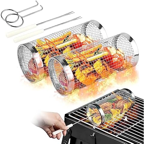 1/2Pack Round Rolling BBQ Baskets Outdoor Camping Grill BBQ Barbecue Tube  Racks