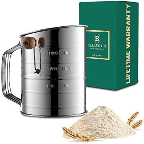  U-Taste Stainless Steel 3 Cup Flour Sifter with 4 Wire  Agitators for Quick Sifting, 1 Cushion Ring, Crank Plastic Handle, Stamped  Measurement, 20 Fine Mesh for Baking Flour, Powered Sugar: Home