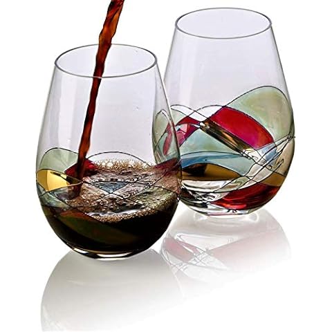 Bezrat Hand Painted Wine Glasses Set of 2, Gold 28 oz. Large Glass