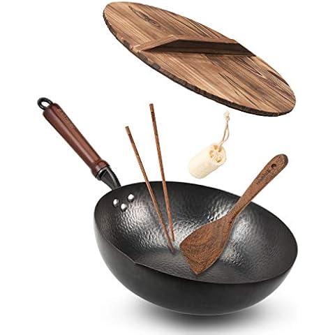 Goodful goodful carbon steel wok, hammered pow wok with wooden lid