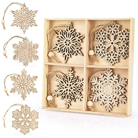 30pcs Wooden Snowflakes Ornaments, Binswloo 4 inch Christmas Ornaments  Snowflakes Shaped Embellishments for Rustic Christmas Decoration DIY  Crafts