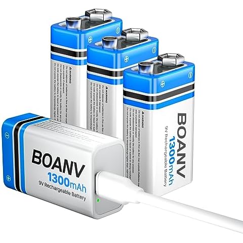 BOANV 4PCS 1300mAh 9V Rechargeable Batteries, 9V Rechargeable USB Lithium  Long Lasting Battery, with 2 in 1 Charging Cable, for Smoke Detectors