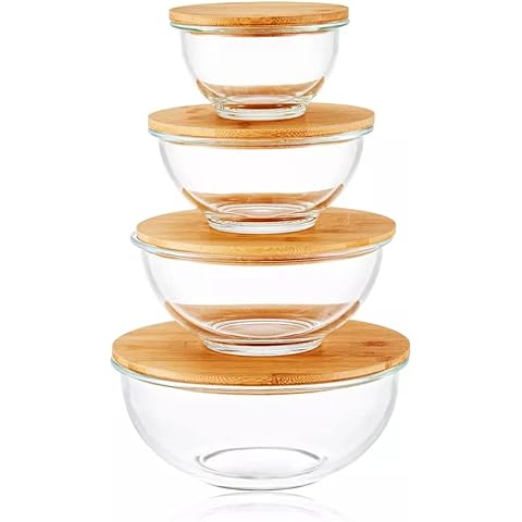 Dokaworld Glass Mixing Bowls - Nesting Bowls - Cute Collapsible Glass Bowls  With Lids Food Storage - 3 Stackable Microwave Safe Glass Containers -  Salad Bamboo Mixing Bowls - Baking Glass Bowls Set For Kitchen