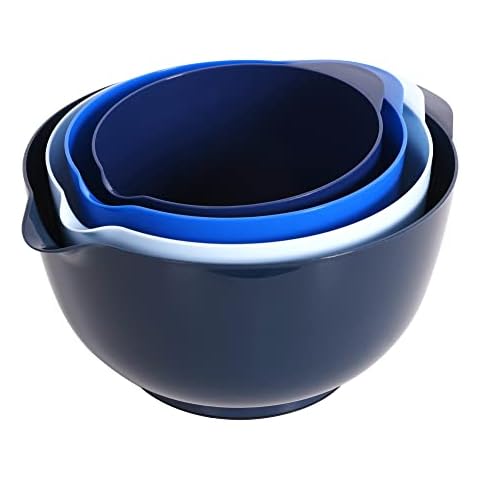 Cook with Color Mixing Bowls - 4 Piece Nesting Plastic Mixing Bowl Set with Pour Spouts and Handles (Ombre Blue)