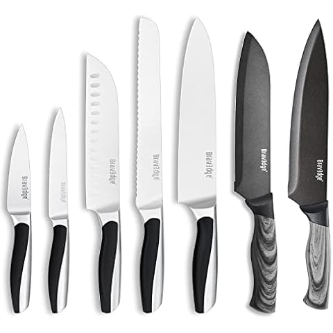  Bravedge 5 PCS Kitchen Knife Set, Kitchen Knives Professional  with Sheaths and Gift Box, High Carbon Stainless Steel Ultra Sharp Chef Knife  Set for Multipurpose Cooking with Ergonomic Handle: Home 