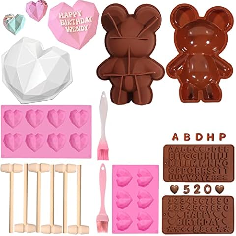  Bear Silicone Mold 2pcs, Large Teddy Bear Breakable Mold with  Hammer & Brush & 6 Cavity Diamond Heart Shaped Silicone Mold, 3D Breakable  Heart Mold for Valentines Day (Total 5pcs) 