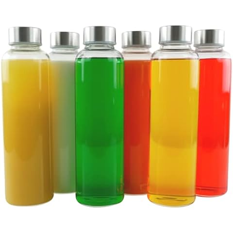 pratico Kitchen 20 oz. Leak-Proof Glass Bottles, Juice Containers and Smoothie Bottles, Stainless Steel Caps, 4 Pack