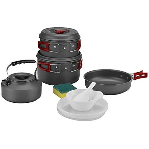 Odoland 29pcs Camping Cookware Mess Kit, Non-Stick Lightweight Pots Pan  Kettle, Collapsible Water Container and Bucket, Stainless Steel Cups Plates