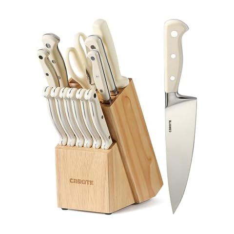 CAROTE 14 Pieces Knife Set with Wooden Block Stainless Steel Knives  Dishwasher Safe with Sharp Blade Ergonomic Handle Forged Triple Rivet-Pearl  White