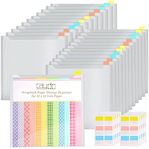  Caydo 50 Pieces Scrapbook Paper Storage with Buckle Design,  Clear Scrapbook Paper Organizer with 120 Pieces Sticky Index Tabs for 12x12  Scrapbook Paper, Vinyl Paper, Photos