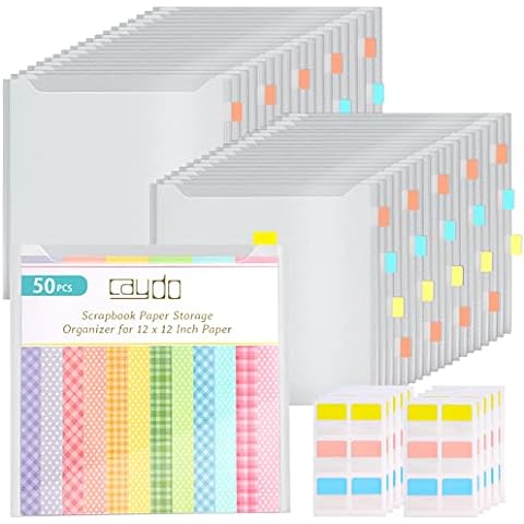  Caydo 50 Pieces Scrapbook Paper Storage with Buckle Design,  Clear Scrapbook Paper Organizer with 120 Pieces Sticky Index Tabs for 12x12  Scrapbook Paper, Vinyl Paper, Photos