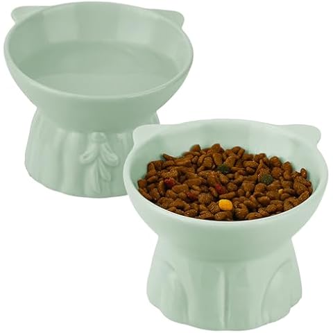 CEEFU 2 Extra Wide Raised Cat Food Bowl, Elevated Anti-Vomiting Cat Feeder  Whisker Stress-Free Dog Two Bowls Ceramic Cat Feeding Bowls White