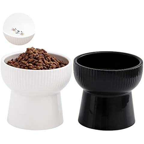 CEEFU 2 Extra Wide Raised Cat Food Bowl, Elevated Anti-Vomiting Cat Feeder  Whisker Stress-Free Dog Two Bowls Ceramic Cat Feeding Bowls White