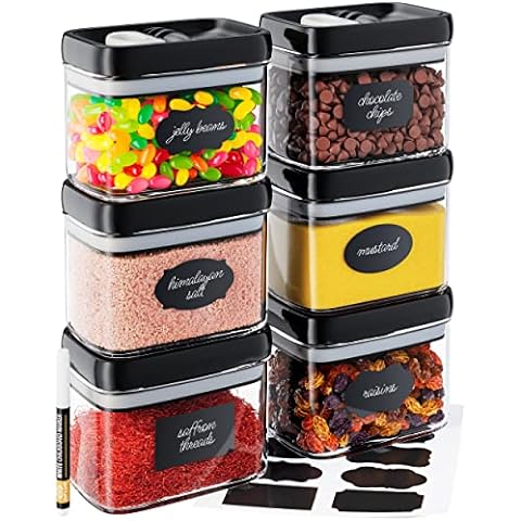 Shazo Airtight 6 Pc Mini Container Set + 6 Spoons, Labels & Marker -  Durable Clear Plastic Food Storage Containers with Lids - Kitchen Cabinet  Pantry Containers for Spices, Herbs, Coffee, Tea etc 