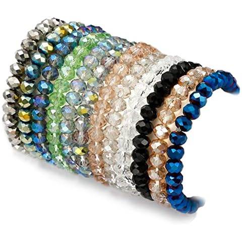 WAINIS 18pcs Glass Crystal Beaded Bracelets for Women Handmade Stretch Multicolor Stackable Round&Versatile Beads Bracelet Elastic Bracelets Jewelry