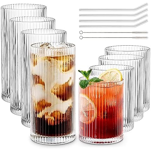 Drinking Glasses with Glass Straw Set of 4, Combler 16oz Can Shaped Glass Cups, Beer Glasses, Iced Coffee Glasses, Gift - 2 Cleaning Brushes, Size