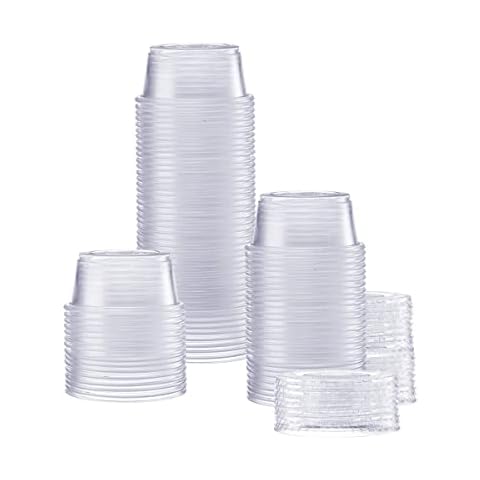 Premium Quality, Durable 2 oz. Jello shot cups Portion Souffl Cups with Lids  - Leak-Resistant, Tight fit, Easy Snap-on Lids - Clear & Fully Transparent,  Disposable Plastic (100 Cups + 100 Lids)