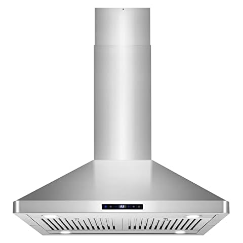 FIREGAS 30 inch Kitchen Island Range Hood 450 CFM with Chimney, Ceiling Mount Kitchen Vent Hood with Tempered Glass,4 LED Lights
