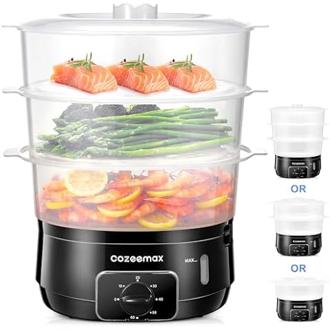 Ovente Electric Food Steamer 5 Quart with 2 Tier Stackable BPA-Free Baskets, 400W Stainless Steel Base, Auto Shut-Off and 60-Minute Timer, Fast